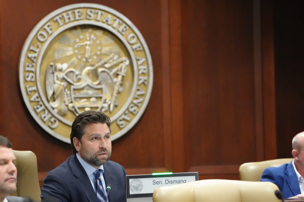 Senator Dismang speaks during a committee meeting. The Great Seal of the State of Arkansas is on the wall in the background
