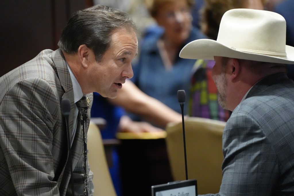 Senator Petty speaks with a representative before a committee meeting
