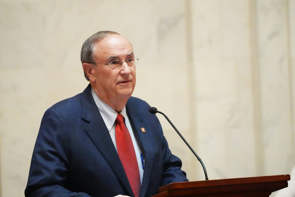 Senator Mark Johnson speaks in the Well in the Senate chamber