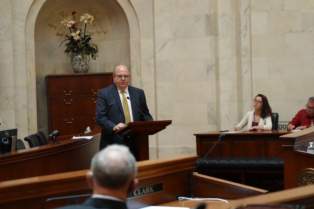 Senator Rice speaks from the Well in the Senate chamber. Wide shot with journalists in the corner and a senator listening in the foreground