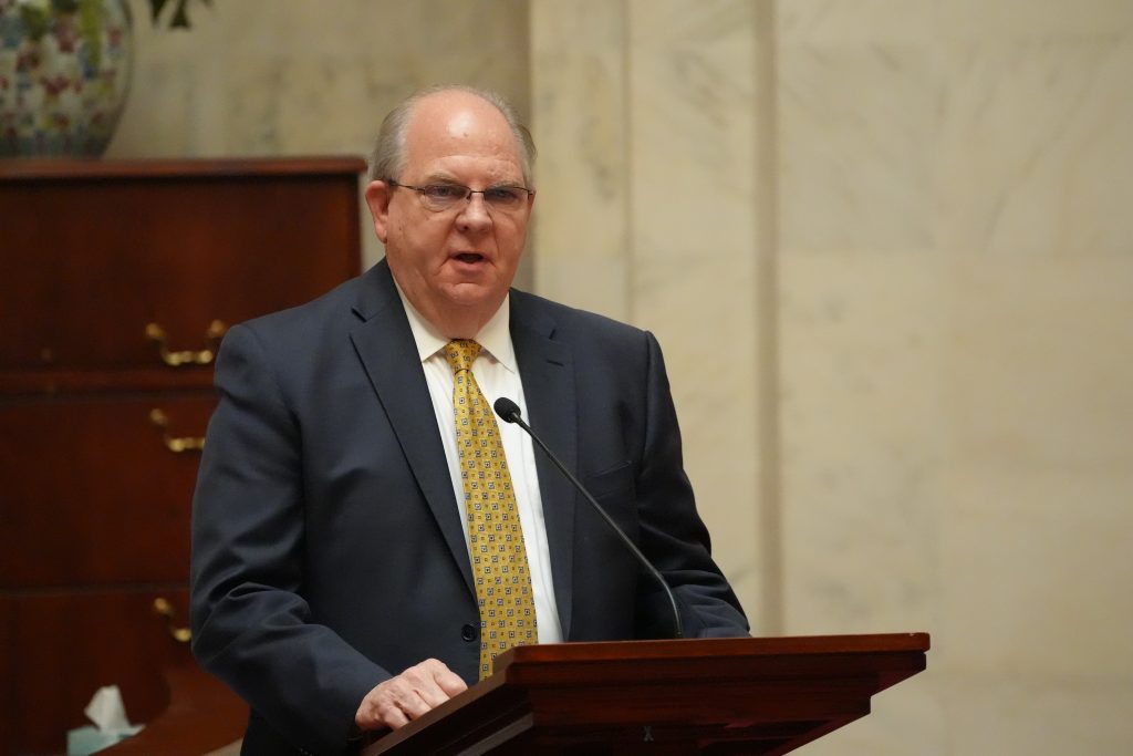 Senator Rice speaks from the Well in the Senate chamber