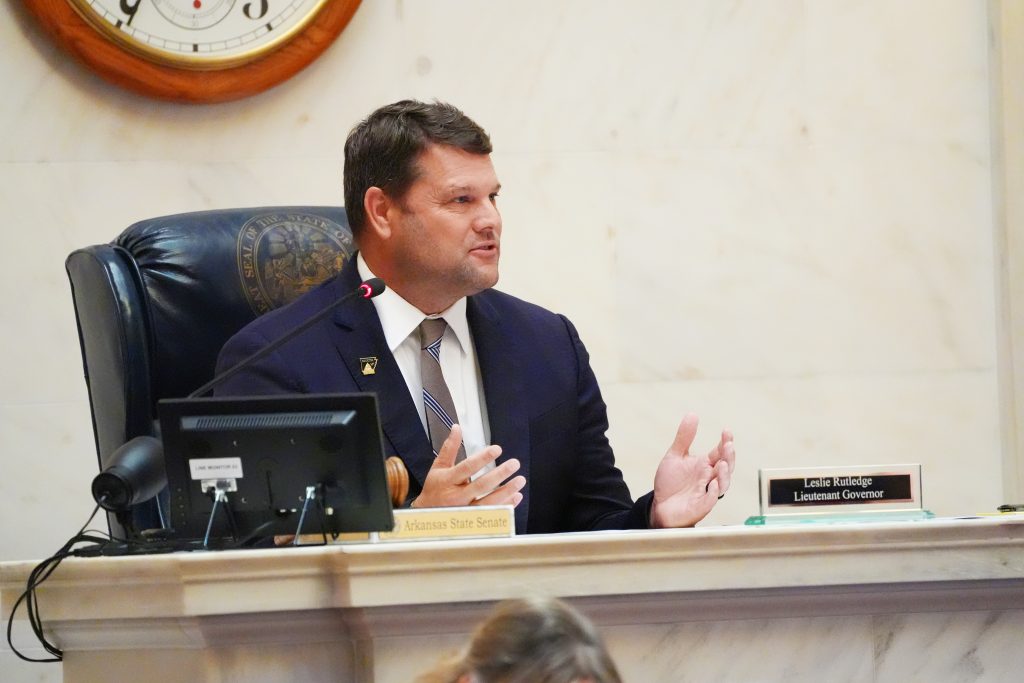 Senator Hester speaks from the dais in the Senate Chamber