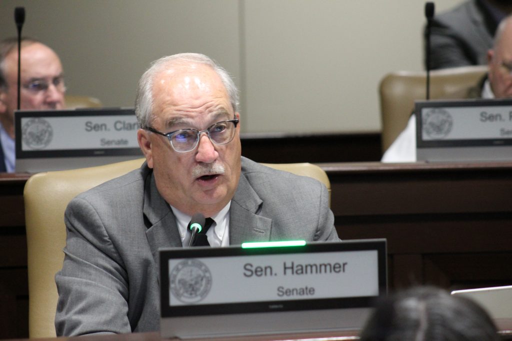 Senator Hammer asking a question during a committee meeting.