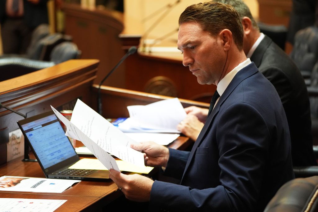 Senator Dees reads some papers at his desk in the Senate chamber