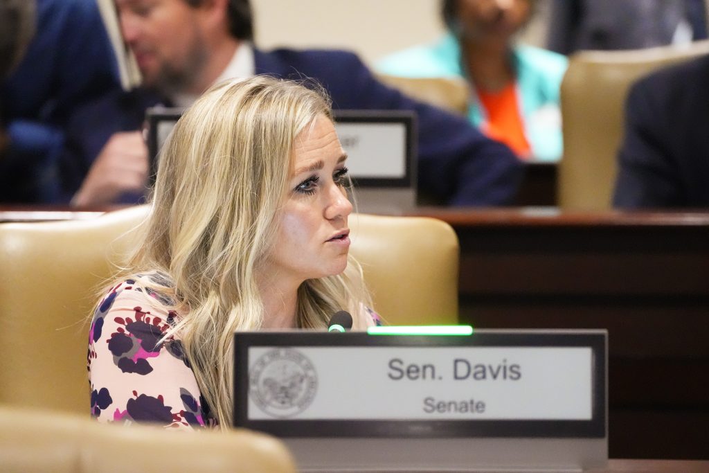 Senator Davis speaks into a microphone in a committee room.