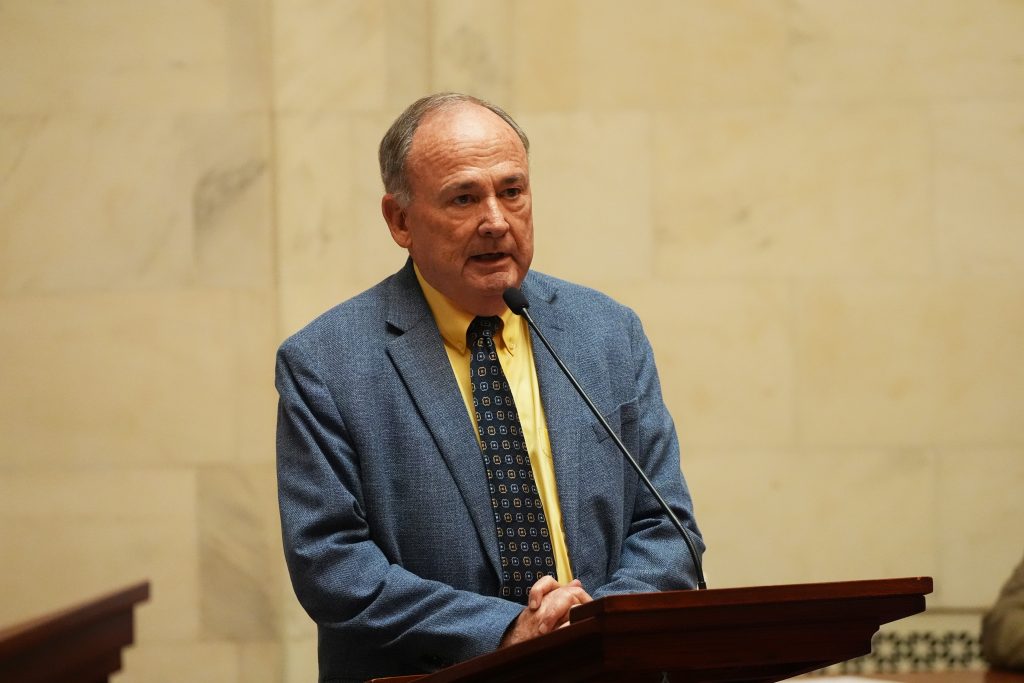 Senator Caldwell speaks from the Well in the Senate chamber