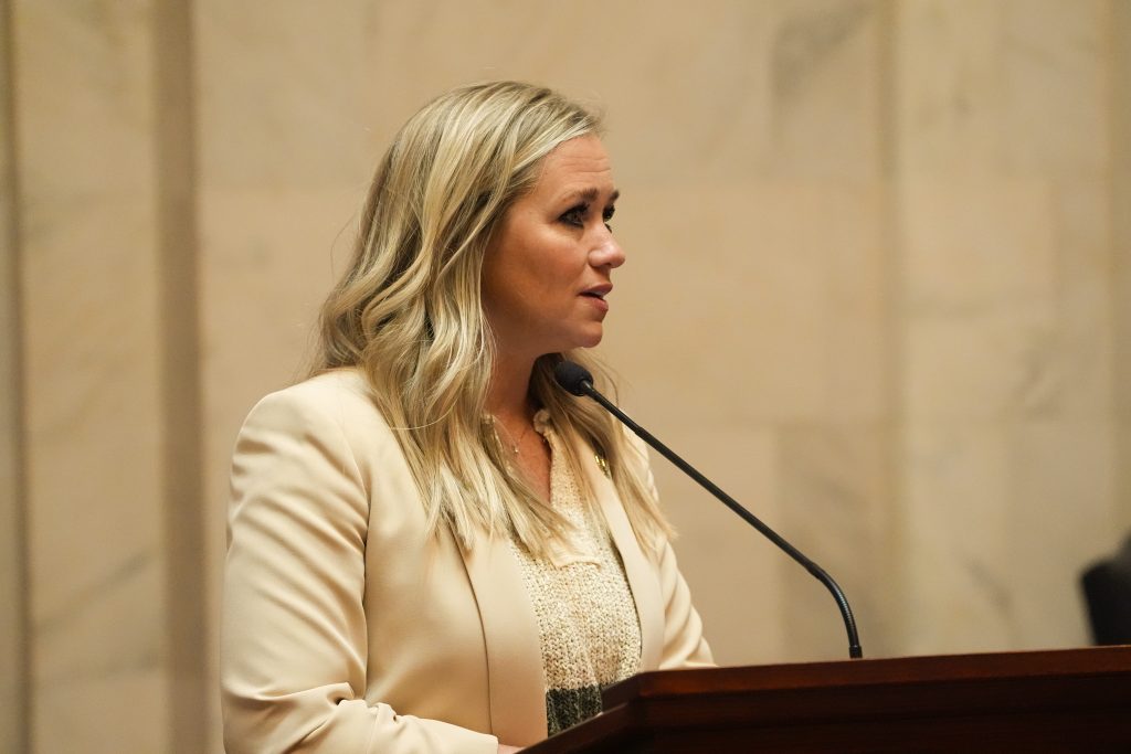 Senator Davis speaks from the Well in the Senate chamber