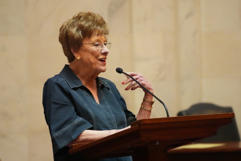 Senator English speaks from the Well in the Senate chamber