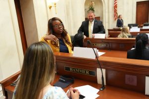 Senators Scott and Dotson discuss items with Girls State delegates.