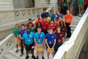 Group shot of the Boys State senators taken on the grand staircase outside the Senate chamber.